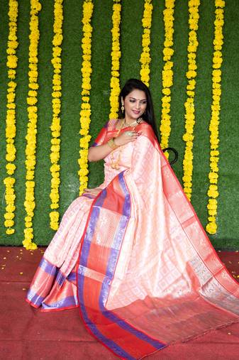 Women's Peach Faux Kanchipuram Silk Zari Woven Saree with Blouse