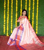 Women's Peach Faux Kanchipuram Silk Zari Woven Saree with Blouse