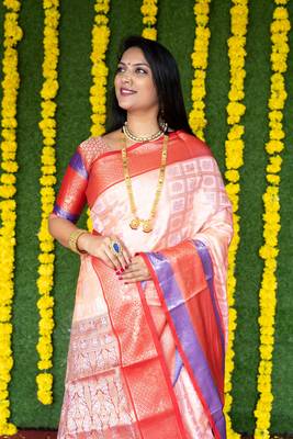 Women's Peach Faux Kanchipuram Silk Zari Woven Saree with Blouse 3