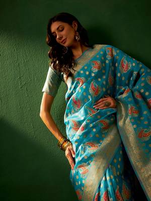Sky Blue Color Weaving Work Organza Silk Blend Saree With Blouse 1