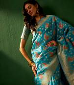 Sky Blue Color Weaving Work Organza Silk Blend Saree With Blouse