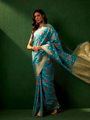 Sky Blue Color Weaving Work Organza Silk Blend Saree With Blouse 2