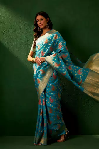 Sky Blue Color Weaving Work Organza Silk Blend Saree With Blouse