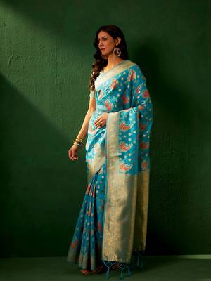 Sky Blue Color Weaving Work Organza Silk Blend Saree With Blouse 3