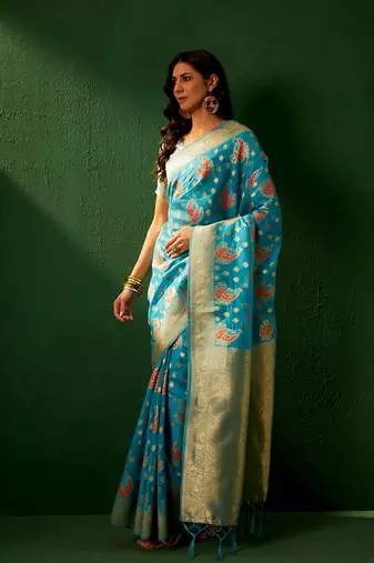 Sky Blue Color Weaving Work Organza Silk Blend Saree With Blouse
