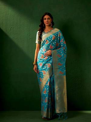 Sky Blue Color Weaving Work Organza Silk Blend Saree With Blouse 4