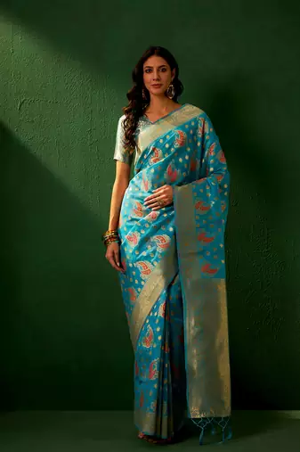 Sky Blue Color Weaving Work Organza Silk Blend Saree With Blouse