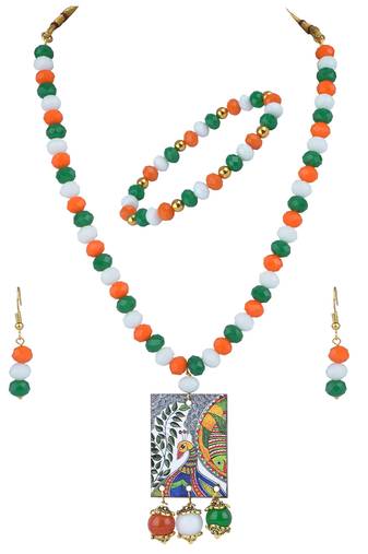 Tiranga/national flag necklace set with peacock pendant & bracelet handmade jewellery for independence /republic day