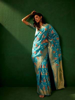 Sky Blue Color Weaving Work Organza Silk Blend Saree With Blouse 5