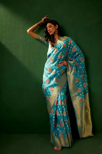 Sky Blue Color Weaving Work Organza Silk Blend Saree With Blouse