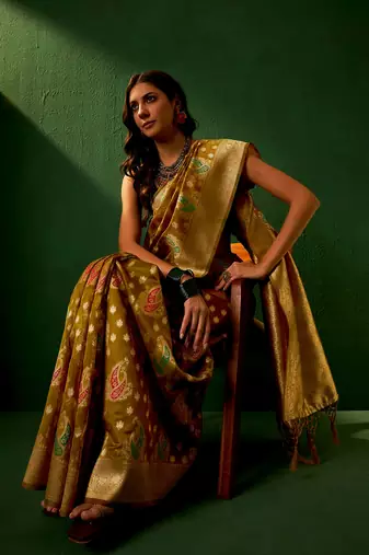 Caramel Color Weaving Work Organza Silk Blend Saree With Blouse