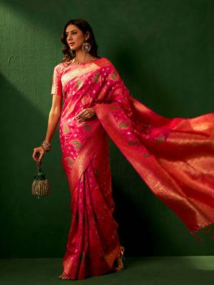 Pink Color Weaving Work Organza Silk Blend Saree With Blouse 1