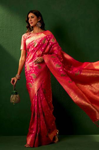 Pink Color Weaving Work Organza Silk Blend Saree With Blouse
