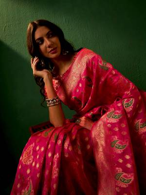 Pink Color Weaving Work Organza Silk Blend Saree With Blouse 2