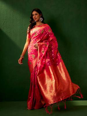 Pink Color Weaving Work Organza Silk Blend Saree With Blouse 3