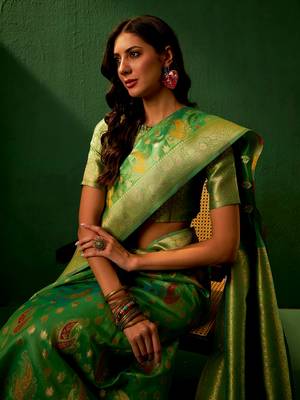 Green Color Weaving Work Organza Silk Blend Saree With Blouse 2