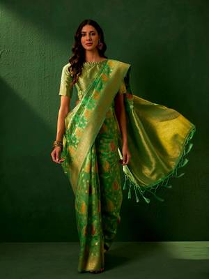Green Color Weaving Work Organza Silk Blend Saree With Blouse 4