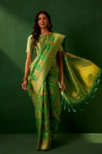 Green Color Weaving Work Organza Silk Blend Saree With Blouse