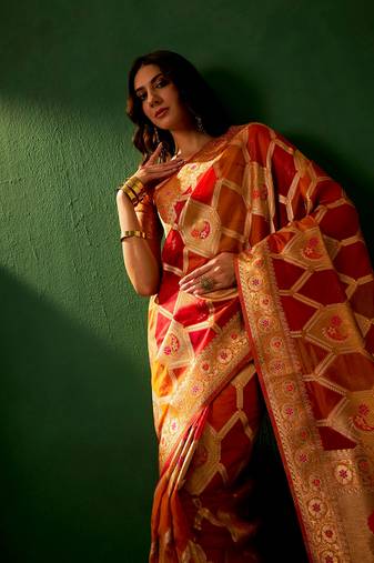 Multi Color Weaving Work Heavy Organza Jacquard Saree With Blouse