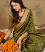 Green Color Weaving Work Cotton Organza Saree With Blouse