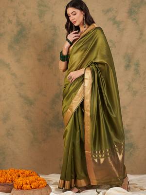 Green Color Weaving Work Cotton Organza Saree With Blouse 3