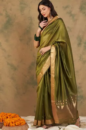 Green Color Weaving Work Cotton Organza Saree With Blouse
