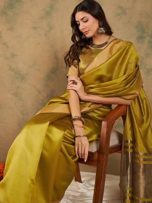 Lime Color Weaving Work Cotton Organza Saree With Blouse 1