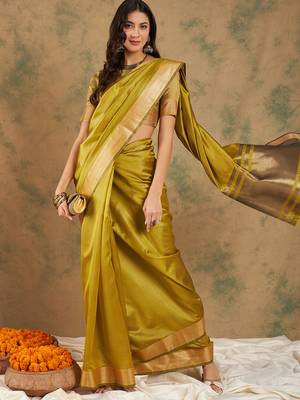 Lime Color Weaving Work Cotton Organza Saree With Blouse 2