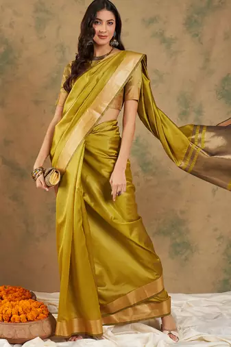 Lime Color Weaving Work Cotton Organza Saree With Blouse