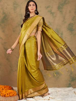 Lime Color Weaving Work Cotton Organza Saree With Blouse 3