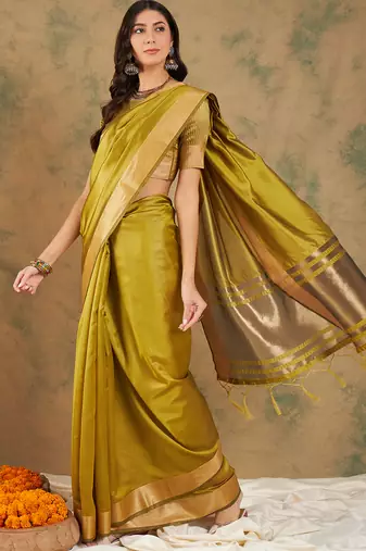 Lime Color Weaving Work Cotton Organza Saree With Blouse