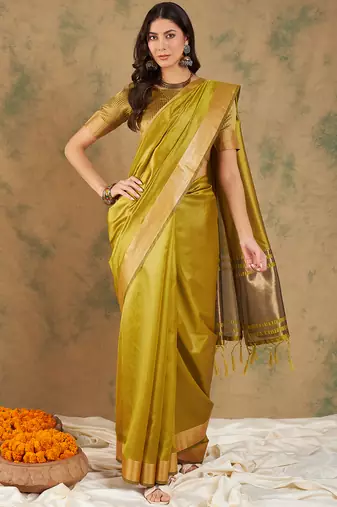 Lime Color Weaving Work Cotton Organza Saree With Blouse