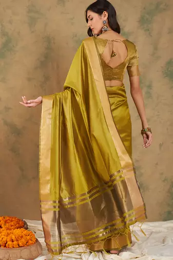 Lime Color Weaving Work Cotton Organza Saree With Blouse