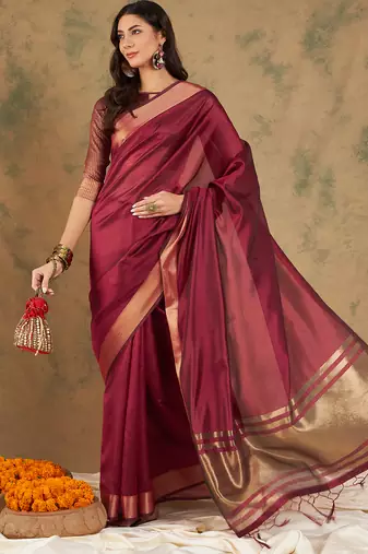 Maroon Color Weaving Work Cotton Organza Saree With Blouse