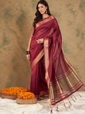 Maroon Color Weaving Work Cotton Organza Saree With Blouse 3