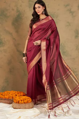 Maroon Color Weaving Work Cotton Organza Saree With Blouse