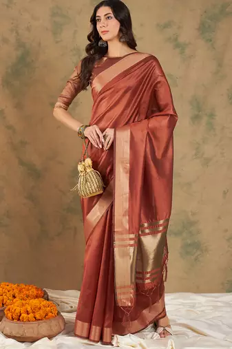 Rust Color Weaving Work Cotton Organza Saree With Blouse