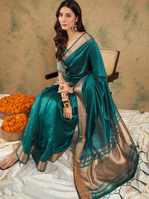 Teal Color Weaving Work Cotton Organza Saree With Blouse 1