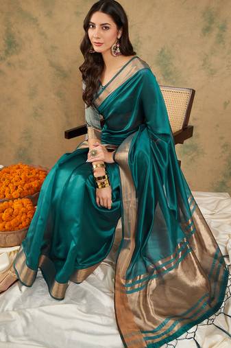 Teal Color Weaving Work Cotton Organza Saree With Blouse