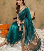 Teal Color Weaving Work Cotton Organza Saree With Blouse
