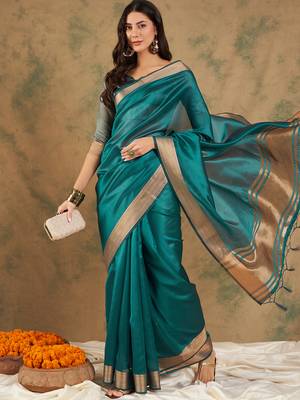 Teal Color Weaving Work Cotton Organza Saree With Blouse 2