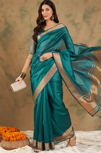 Teal Color Weaving Work Cotton Organza Saree With Blouse
