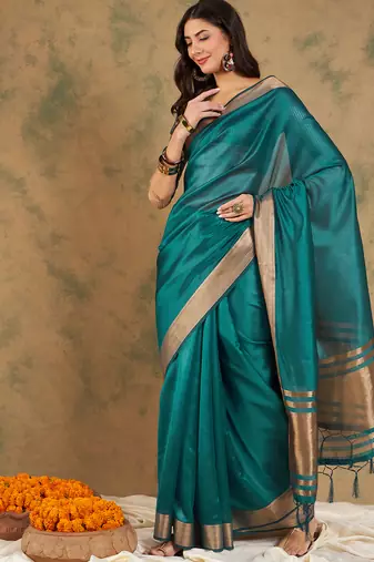 Teal Color Weaving Work Cotton Organza Saree With Blouse