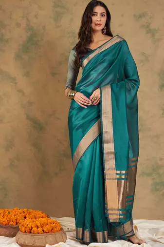 Teal Color Weaving Work Cotton Organza Saree With Blouse