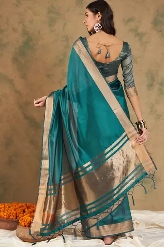 Teal Color Weaving Work Cotton Organza Saree With Blouse