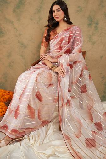 Rust color weaving work soft organza saree with blouse