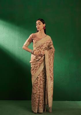 Cream Color Weaving Work Faux Banarasi Silk Saree With Blouse 1