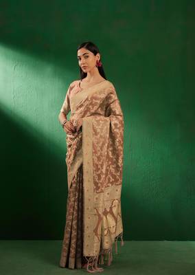 Cream Color Weaving Work Faux Banarasi Silk Saree With Blouse 2