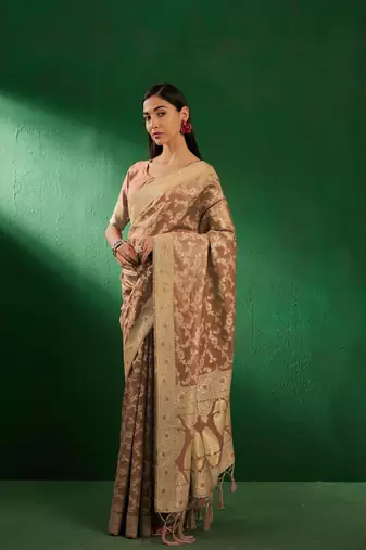Cream Color Weaving Work Faux Banarasi Silk Saree With Blouse