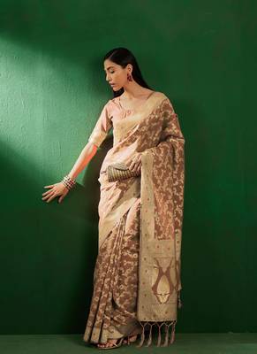 Cream Color Weaving Work Faux Banarasi Silk Saree With Blouse 3